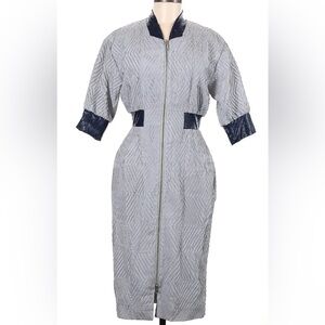 Andreeva Bodycon Midi Dress Grey Textured Zip-Front Navy Trim Star Cutouts sz M